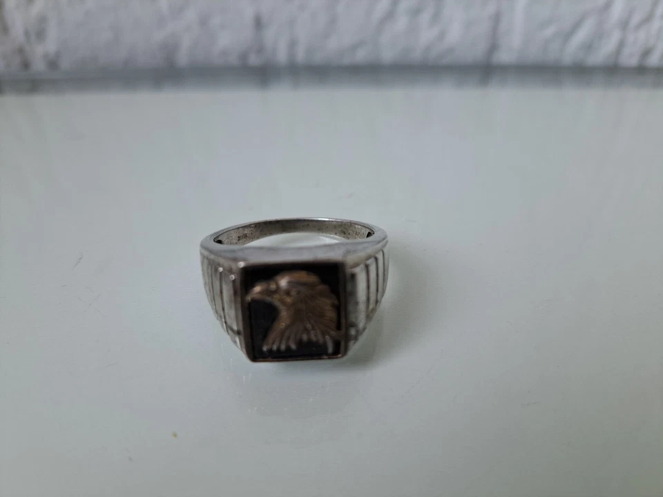 Hermoso Anillo De Vejez, 925 Plata Con Ónix, Talla 68, Ave (Águila) - Imagen 2 de 4