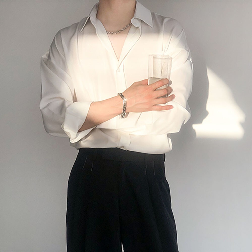 Men's Korean Loose Comfy Long Sleeve Tops Retro Draping Button-Down Shirts  Mens
