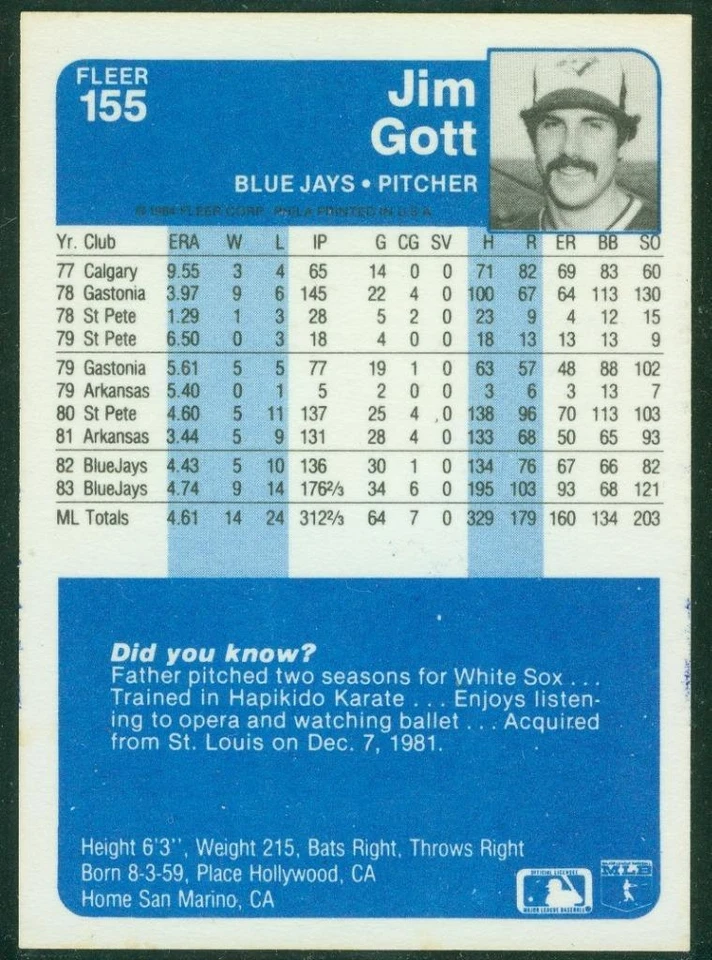 Original Autograph of Jim Gott of the Toronto Blue Jays on a 1984 Fleer Card - Image 2 of 2