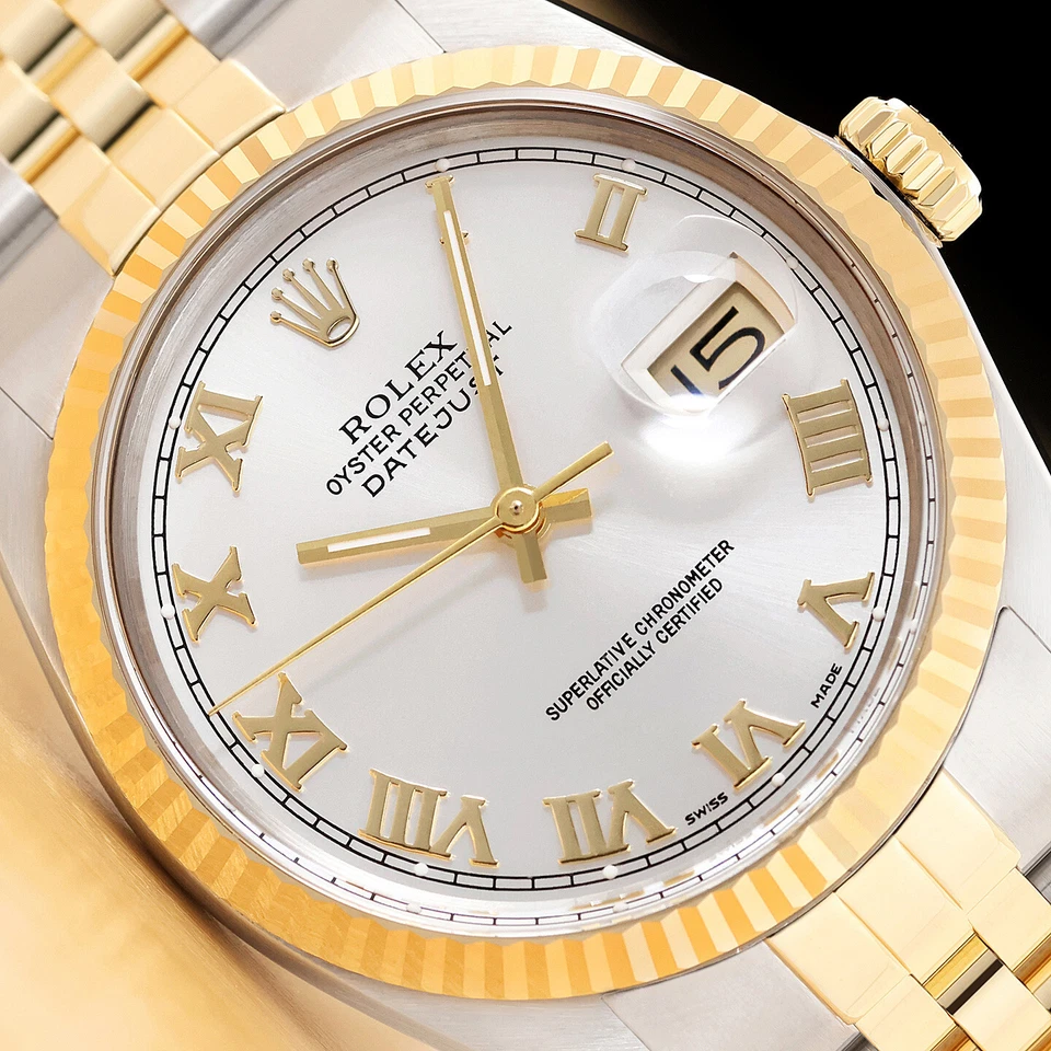 ROLEX MENS DATEJUST TWO TONE QUICKSET SILVER ROMAN DIAL WATCH & ROLEX BAND