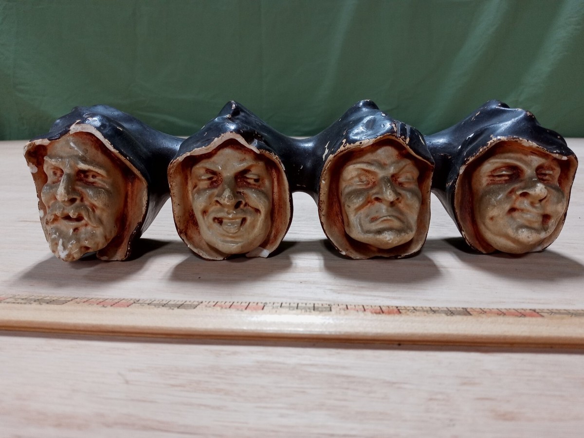 Antique Chalkware Monk Faces, Deadly Sins Match Pipe Candle Holder