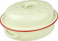 Enamel Oval Roaster Roasting Dish Oven Tray Casserole Pan Cream With Lid 26cm
