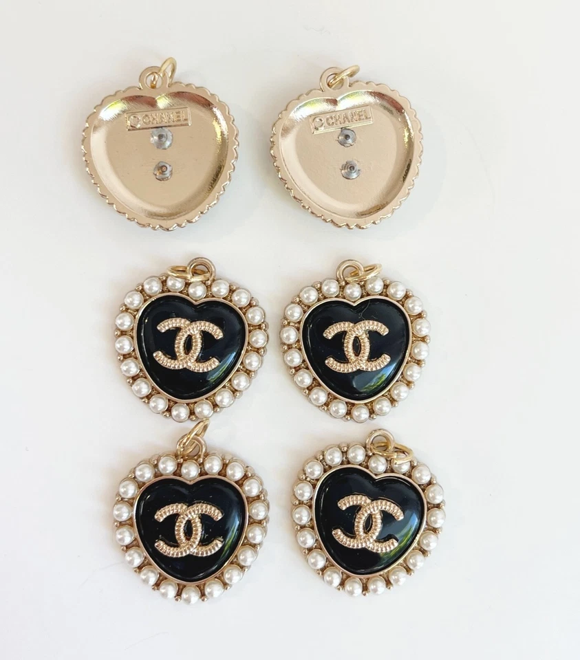 Vintage CC Designer Black Heart Pearl Pendant Charm STAMPED | 6 PC BundleC - Image 3 of 3