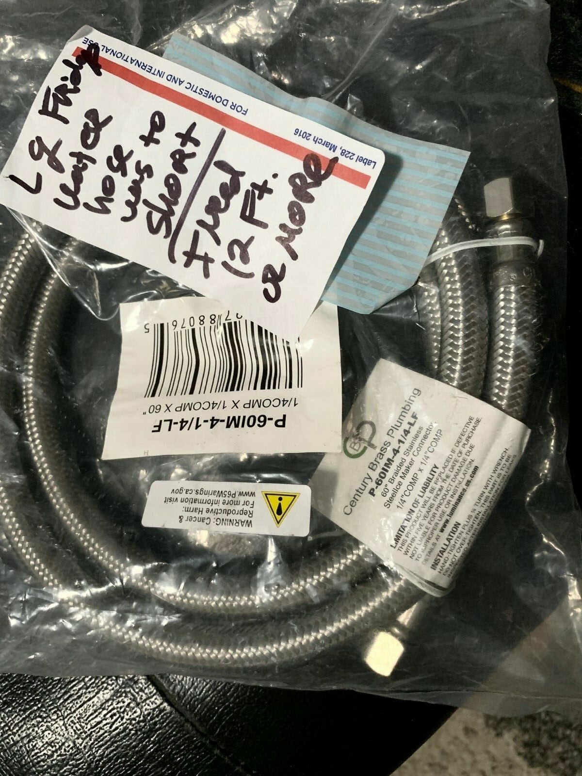 BRAIDED STAINLESS STEEL Ice Maker Connector HOSE P-60IM-4-1/4-LF NEW WAS FOR LG'