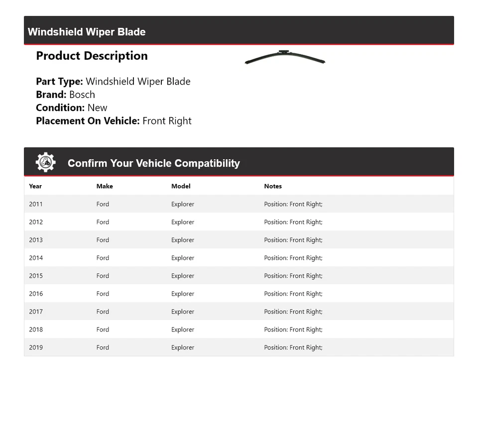 Limpiaparabrisas delantero derecho 2012 para Ford Explorer Bosch ICON 2011-2019 Foto 2 de 4