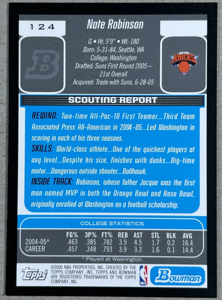 2005-06 Bowman #124 Nate Robinson Rookie Card Knicks - Image 2 of 2