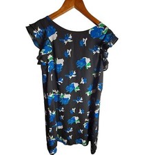 Fleer bleve black & Blue floral dress sz 4 flutter sleeve mid length artsy