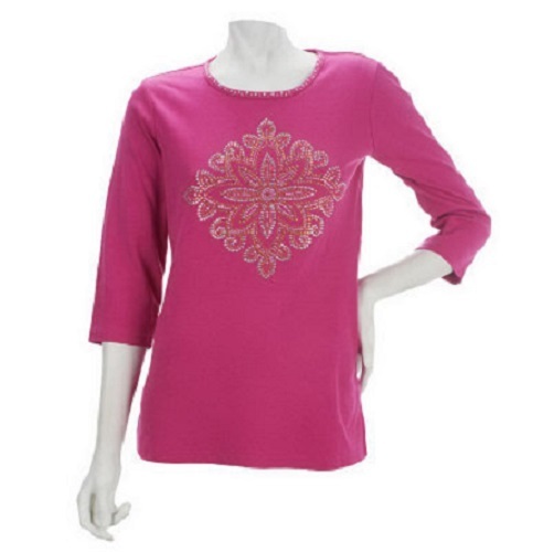 NIP QUACKER FACTORY GOLDEN FLOWER STUDDED 3/4 SLEEVE T-SHIRT FUSCHIA SMALL BLING - Bild 2 von 3