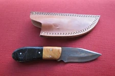 Sweet Damascus hunting knife w/ceramic & wood handle & leather sheath hand made 