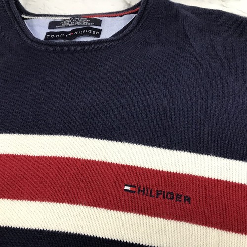 De Colección Años 90 Tommy Hilfiger Hombre Grande Azul Marino Bandera Rayas Logo Capucha Cuello - Imagen 6 de 10