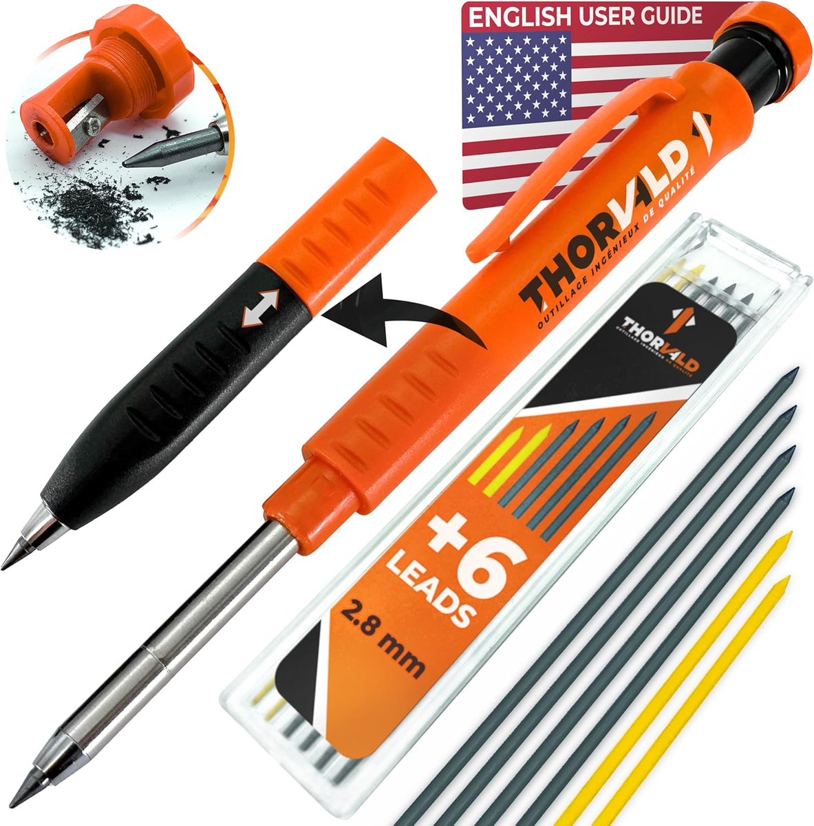 2-in-1 Carpenter Pencils w/ Grip & Sharpener, 7 Leads, Fine