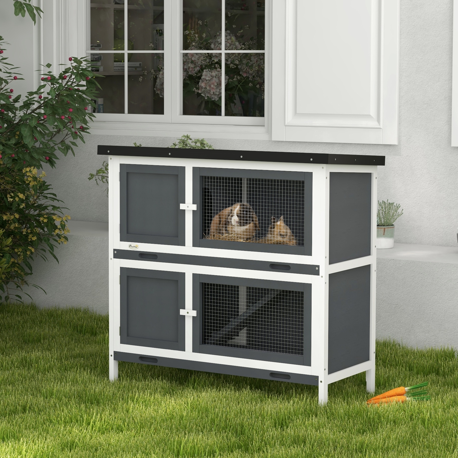 PawHut Double Decker Rabbit Hutch Bunny Cage Pet House Outdoor W/ Tray