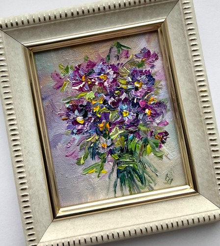Bouquet Purple VioletsOriginal oil painting Flowers bouquet 3x2.5in so - Picture 6 of 15