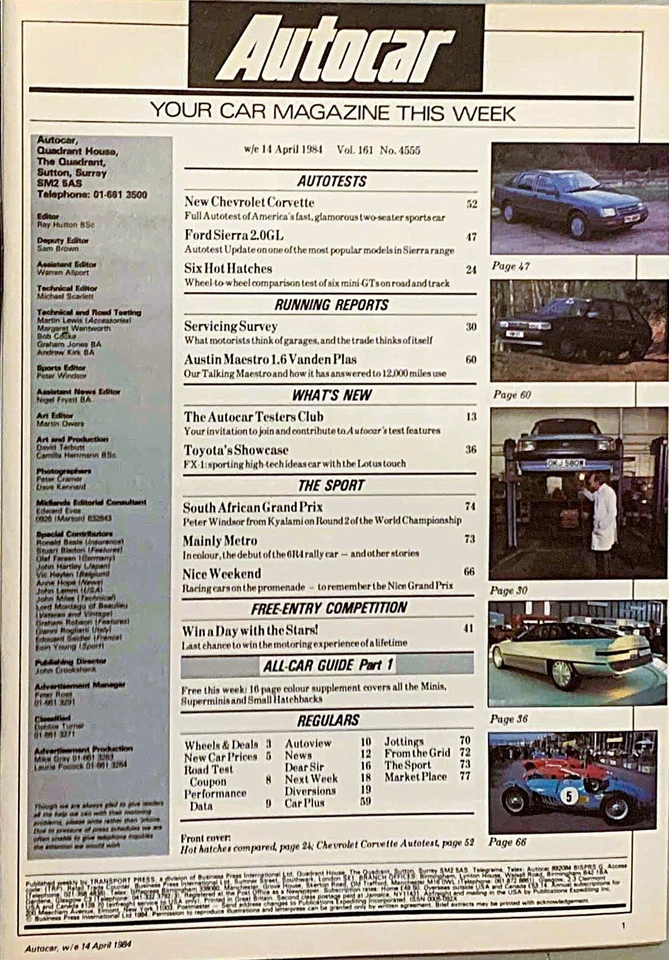AUTOCAR MAGAZINE 14-APR-84 - MG Metro, Nova SR, Chevrolet Corvette, Fiat Uno 70S - Image 2 of 4