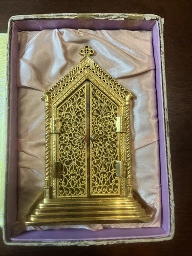 Antique 24k Gold Pl. Lady of Perpetual Help Religious Triptych Original Box Read