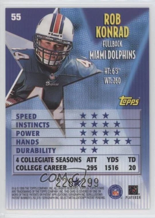 1999 Topps Stars One Star Parallel /299 Rob Konrad #55 Rookie RC - Image 2 of 2