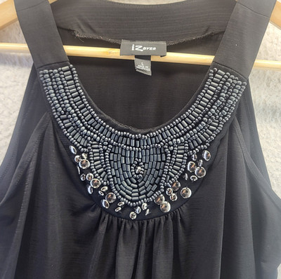 IZ BYER Tank Top Womens Large Black Beaded Shirt Pullover Stretch Boho
