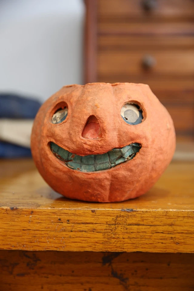 Antique 1900's Halloween Paper Mache Pumpkin Jack O Lantern Vintage Original - Image 2 of 4