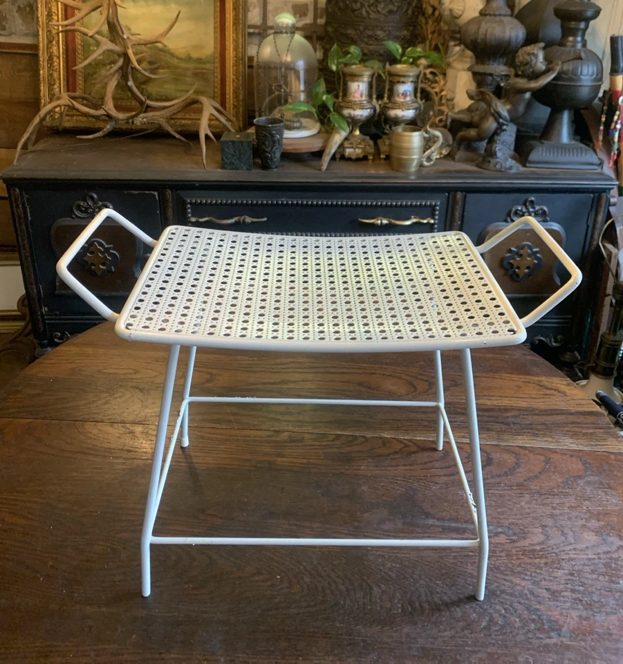 Vintage MCM 60er Jahre Salterini Stil Metall Bank Emaille weiß perforiert Hocker Waschtisch - Bild 3 von 4