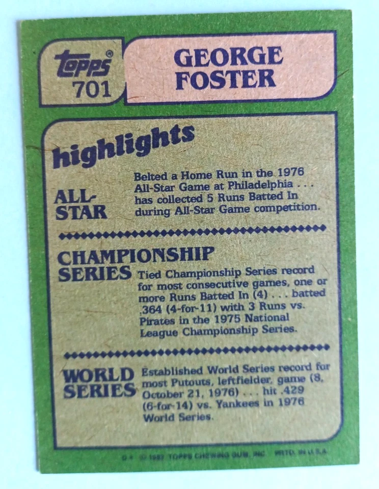1982 TOPPS GEORGE FOSTER #701 IN ACTION LOT OF 20 CINCINNATI REDS EX-MINT - Image 3 of 3