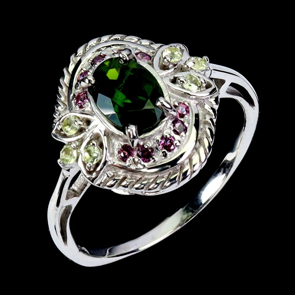 Anillo de plata de ley 925 ovalado cromo diopsido 7x5 mm peridoto piedras preciosas joyería 7 Foto 2 de 4