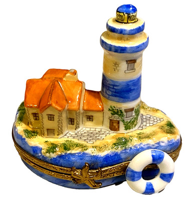 LIMOGES France PEINT MAIN Box-LIGHTHOUSE ISLAND COTTAGE-LIFE RING TRINKET-SUNSET