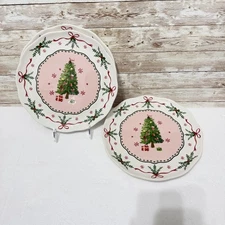 3 Potter's Studio PINK CHRISTMAS TREE Ceramic Dinner Plate Set 10.5”
