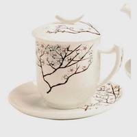 Teetasse Mit Teesieb Und Deckel White Cherry 380Ml Weiß Porzellan Tealogic