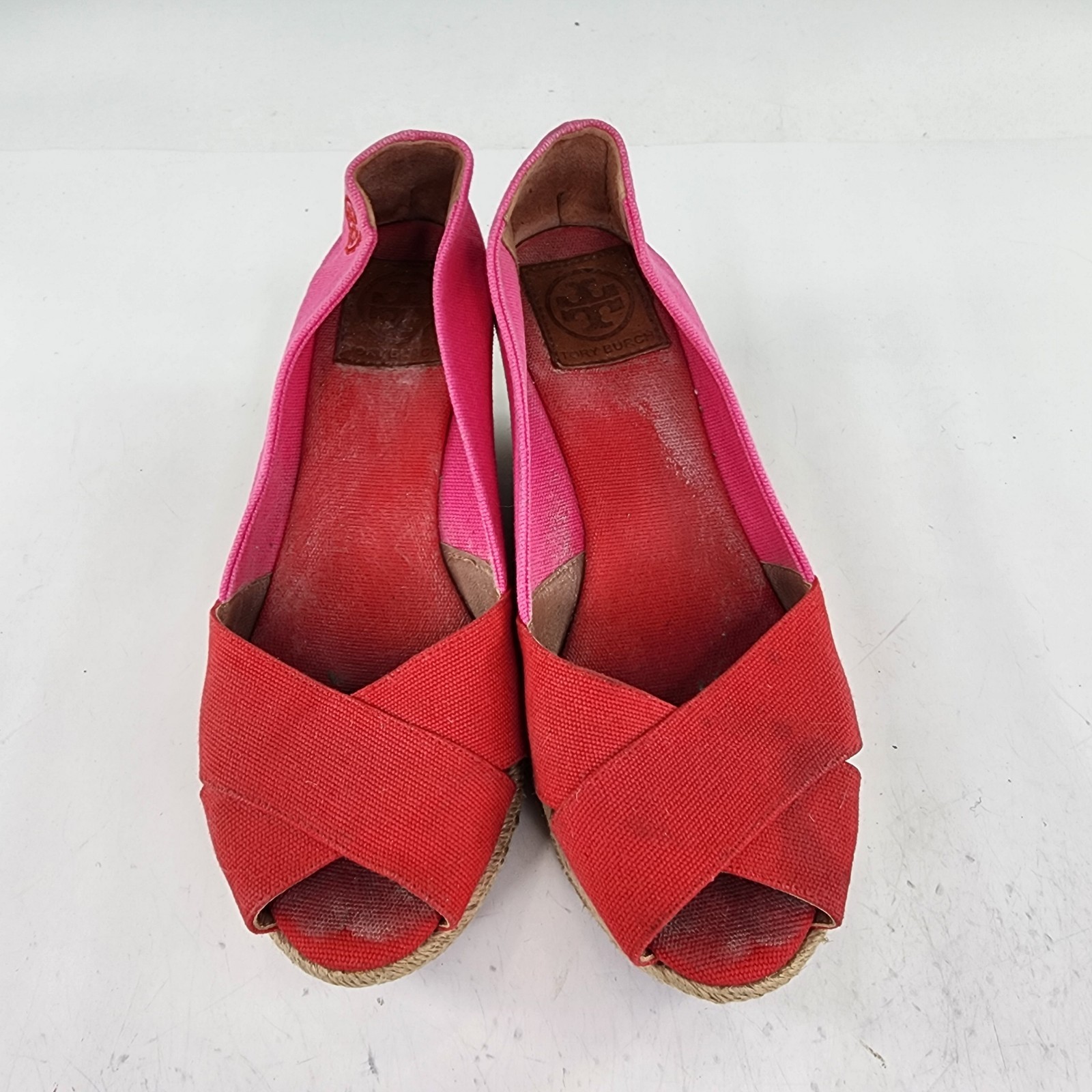 Tory Burch Dory Wedge Shoes US 8 B Red/Pink Canvas Peep Toe Sandal Espadrille  thumbnail 7