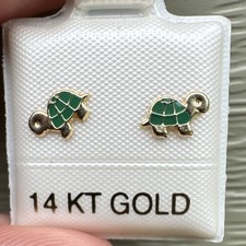 14k Yellow Gold Green Enamel Turtle Stud Earr...