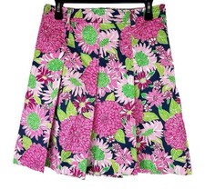 Lilly Pulitzer Vtg Floral Print Pink Green A-Line Pleated Lined Knee Skirt SZ 8
