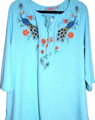 Quacker Factory Light Blue Floral Embroidered Tunic Blouse Peacock Tassel Tie 1X