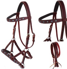 Horse Western Leather Beaded Bitless Sidepull Bridle Reins Rhinestone