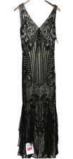 Gina Bacconi Sequin Beaded Mesh V Neck Longline Evening Black Range Tie Dress