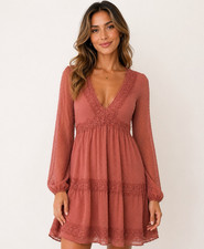 Lulus Pink Lace V-Neck Long Sleeve A-Line Short Dress Lined Zip Back M