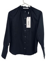 Thakoon Womens Smocked Neck Button Down Blouse Black Long Sleeve Size XS NWT