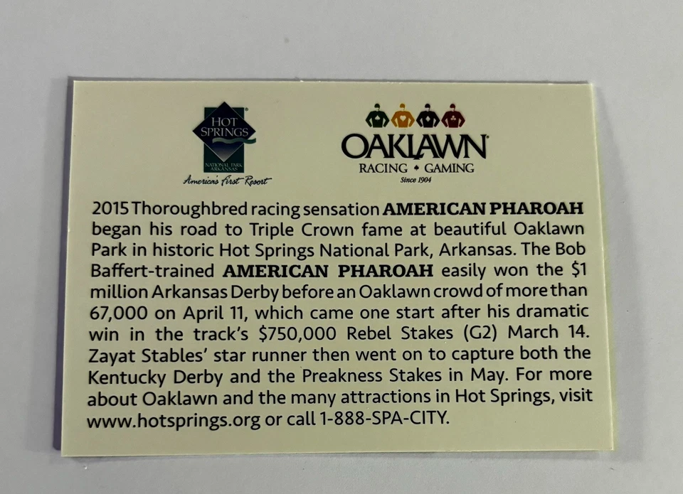 RARE OAKLAWN PARK AR. AMERICAN PHAROAH. HORSE RACING TRADING CARD. TRIPLE CROWN - Image 2 of 2