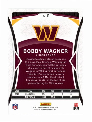Bobby Wagner Card # 13 2024 Certified Panini Washington - Picture 2 of 2