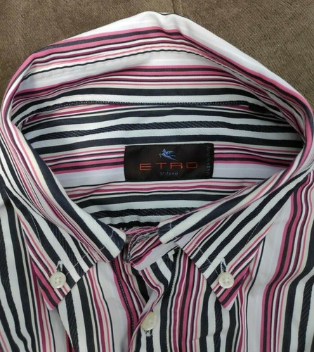 Etro Milano Shirt Casual Sz.42 Red Black White Made In Italy Long Sleeve Cotton - Picture 10 of 12
