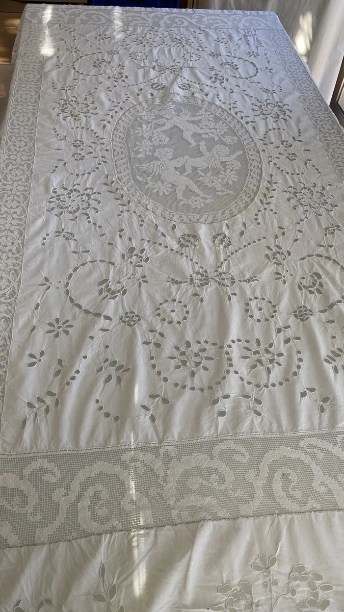 1 Jolie Nappe à Thé Coton Blanc Ancienne Carrée Brodée Festonnée Fait Main Parfait Etat - Linge de maison