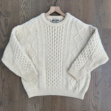 Vintage Celtic Country 100 Wool Irish Cable Knit Crew Neck Sweater Cream Large