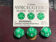 3D12 (x3 Twelve Sided) Astrology Dice Set Planets Signs Numbers Gaming Green RPG