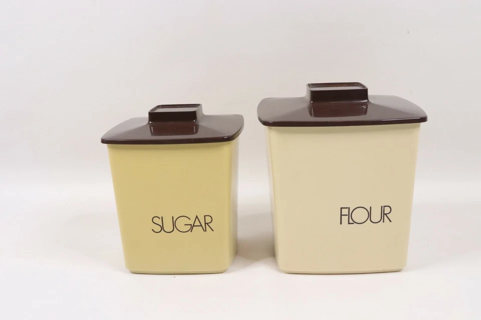 Vintage Anos 70 Meio Século Moderno MCM Par (2) de Tampas de Latas Farinha Bege Açúcar - Imagem 2 de 4