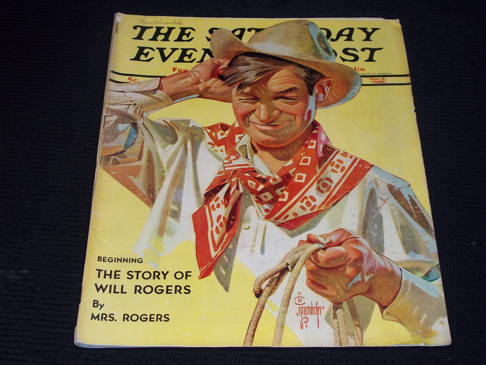 1940 OCTOBER 5 SATURDAY EVENING POST MAGAZINE - J.C. LEYENDECKER COWBOY - H 5036