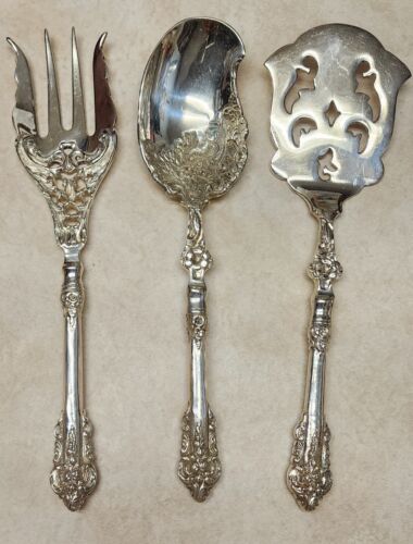 3 VINTAGE LARGE Ornate Serving Spoon, Fork, And Server 11" to 11 3/8" - Picture 1 of 3