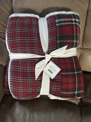 Pottery Barn Landon Patchwork Throw Blanket Ivory Red Plaid 55x80