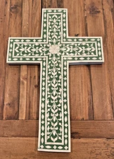 GK Gauri Kohli Cross Handmade Mother Of Pearl Inlaid Wall Green & White 18"