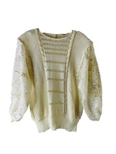 Vintage 80s Coquette Sweater Womens Medium Crochet Lace Lace Puff Sleeve Cream