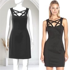 GUESS Little Black Mini  Dress Criss-Cross Strappy Neckline 10 Bodycon  Side Zip
