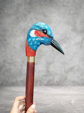 Hand Carved Kingfisher Walking Cane Hand Painted Wood Bird Stick, Brass Joint